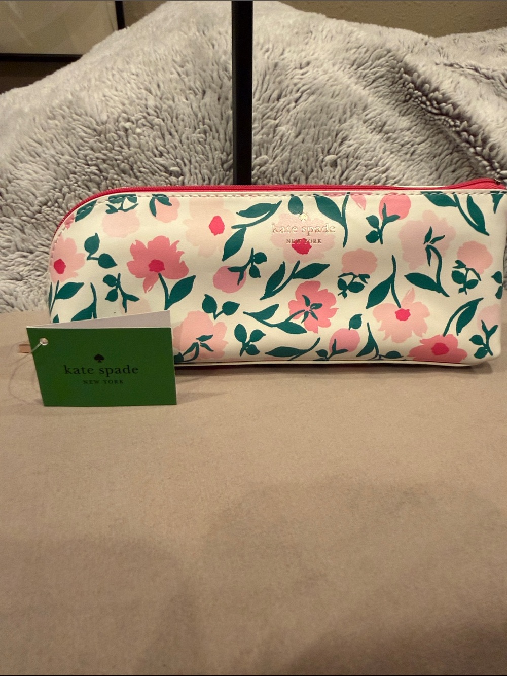 kate spade Cream Floral Zip Pouch with Pink Flowers